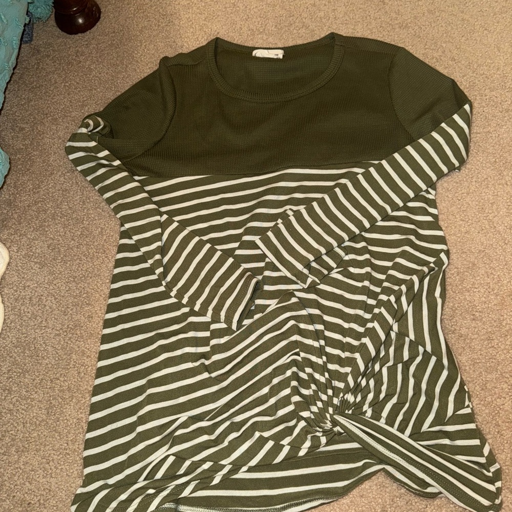Olive Green Striped Long Sleeve Knot-Front Top